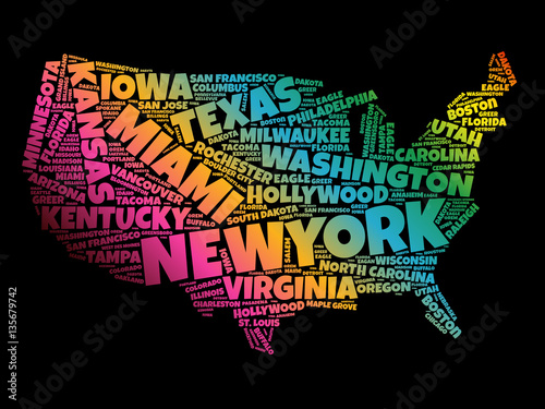 USA Map word cloud collage with most important cities