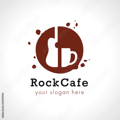 Rock cafe branding logo. Grunge guitar - coffee cup in circle. Music vector round sign. Beverage drops splash or brush stroke shape imitations. Art events and tours symbol. Rock n roll restaurant.