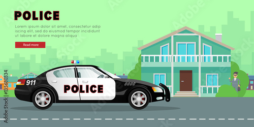 Police Car on the Street near Bank with Robber.