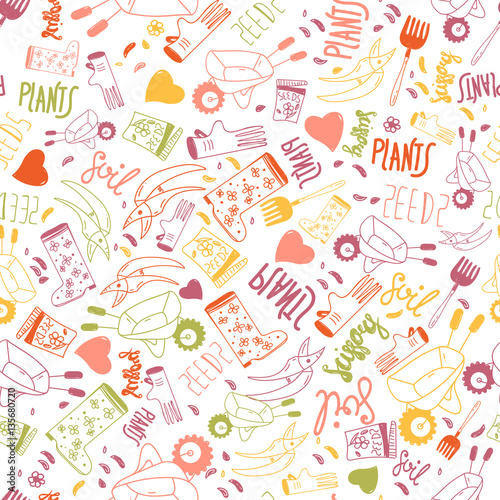 Funny seamless gardening pattern with lettering and equipment. Perfect for wrapping, clothes.
