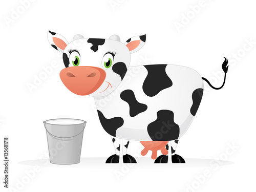 Cartoon Cow Standing in front of Bucket of Milk. 