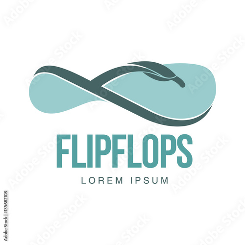 Stylized twisted rubber flip flop logo template, vector illustration isolated on white background. Graphic side view flip flop, sandal logo design, vacation, holiday, downshifting concept