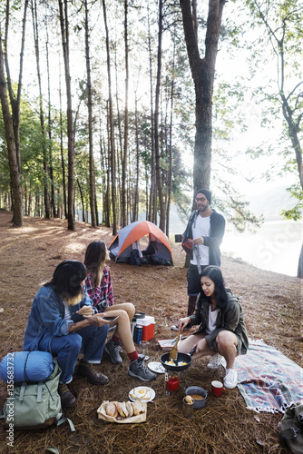 Friends Camping Eating Food Concept