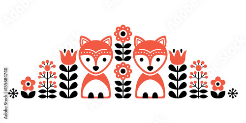 
Scandinavian cute folk pattern with fox and flowers - Finnish inspired, Nordic style
 