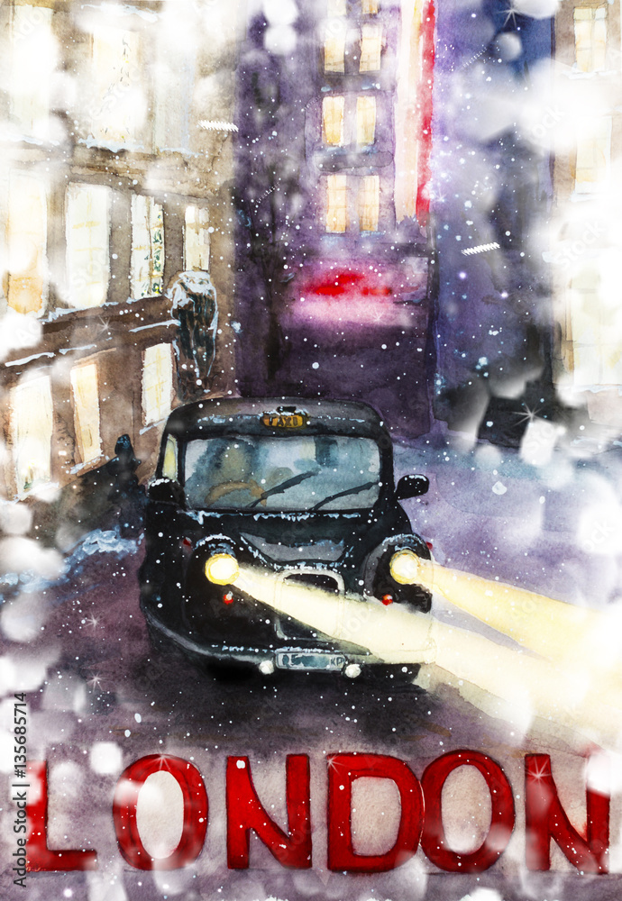 Obraz premium London, a large inscription in red letters, a London cab - a cab