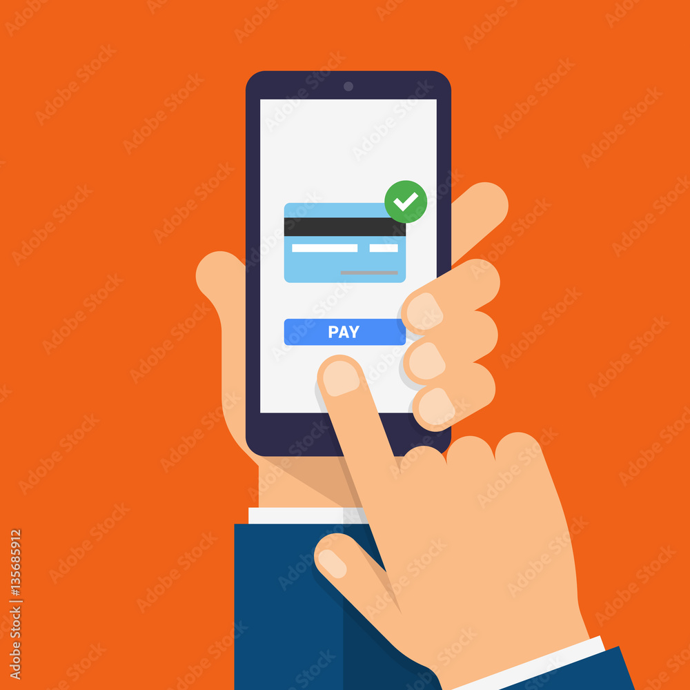 Payment page and credit card on smartphone screen. Hand holds the smartphone and finger touches screen. Modern Flat design illustration. Payment page and credit card on smartphone screen. Hand holds the smartphone and finger touches screen. Modern Flat design illustration.