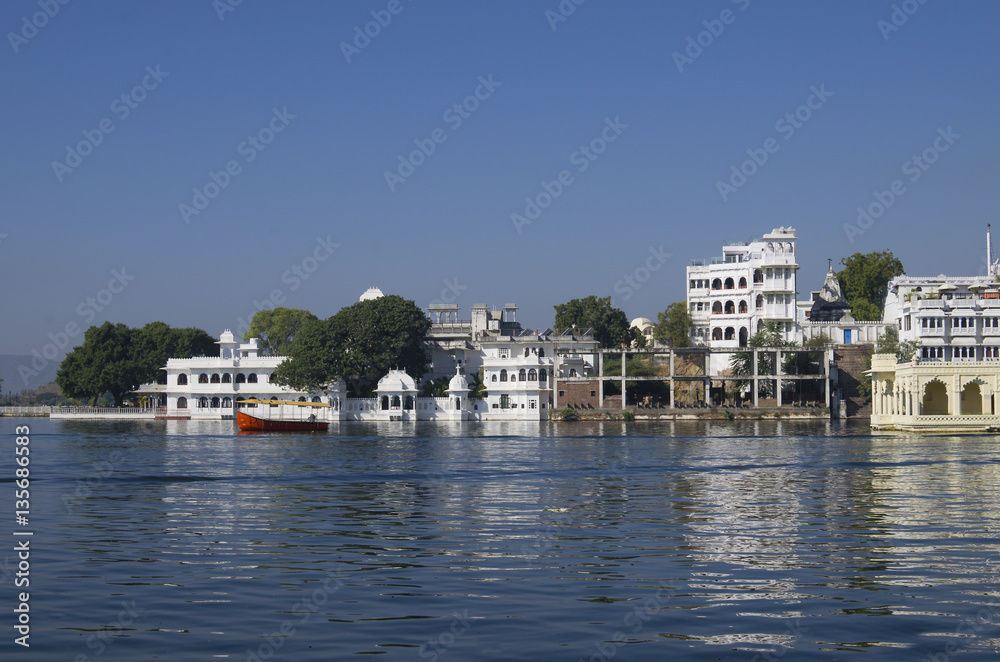 beautiful landscape of the city of Udaipur and the lake Pichola in India
