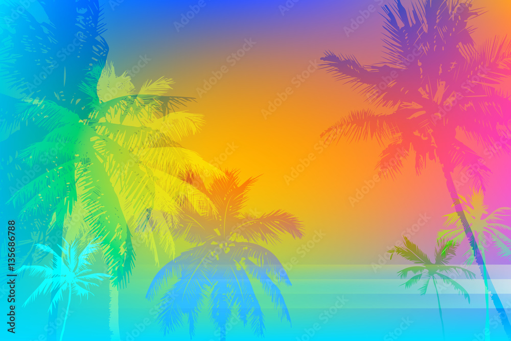 Fototapeta premium Tropical sunset or tropical sunrise on palm beach, can be used for a poster,web or printing on fabric