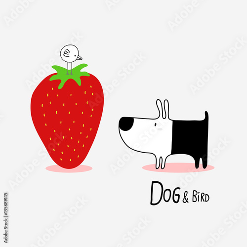 Dog & Bird and a giant Strawberry,vector illustration