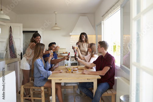 Six adult friends at a casual dinner party making a toast