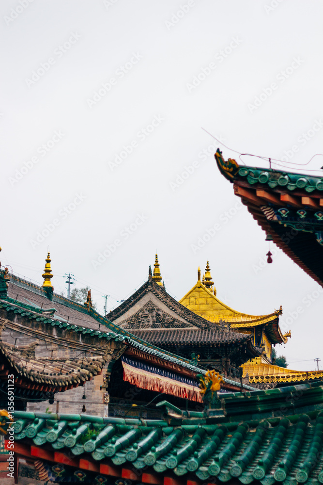 Fototapeta premium The details of ancient temple building of Kumbum monastery in Qinghai Province, China