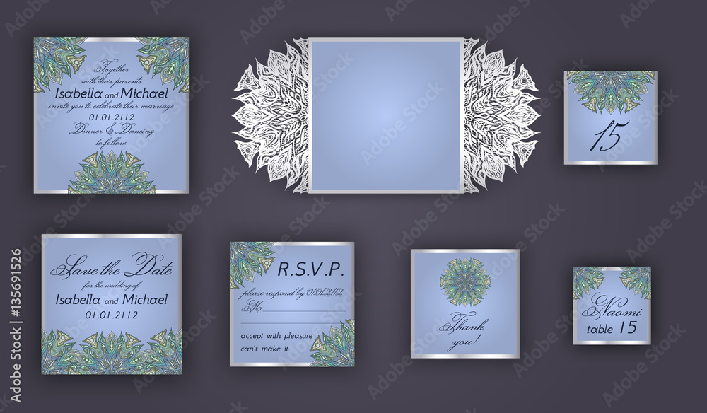 Vintage wedding invitation design set include Invitation card, Save the date, RSVP card, Thank you card, Table number, Place cards, Paper lace envelope. Wedding invitation mock-up for laser cutting