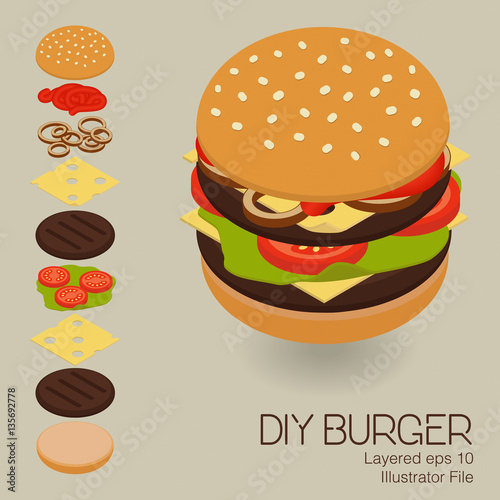 Isometric DIY Burger Design, modern vector illustration with all the ingredients you need to build your own