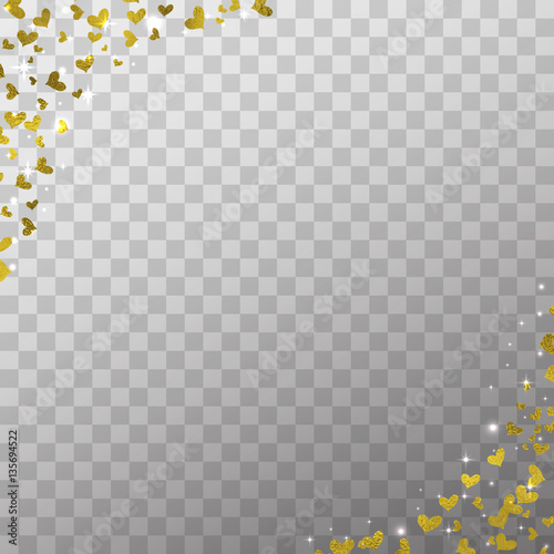 Glow light effect and golden foil hearts isolated on the transparent background for Valentines day photo overlays and decoration.