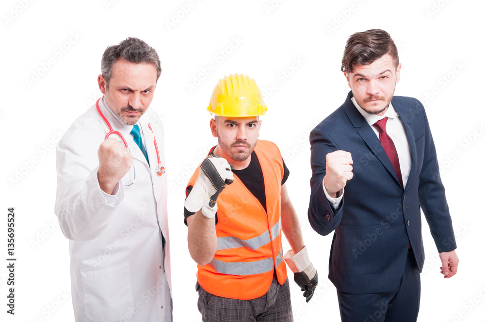 Aggressive team of docor, constructor and businessman Aggressive team of docor, constructor and businessman
