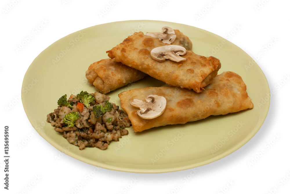 Fried pancakes with mushroom stuffing isolated on white background Fried pancakes with mushroom stuffing isolated on white background
