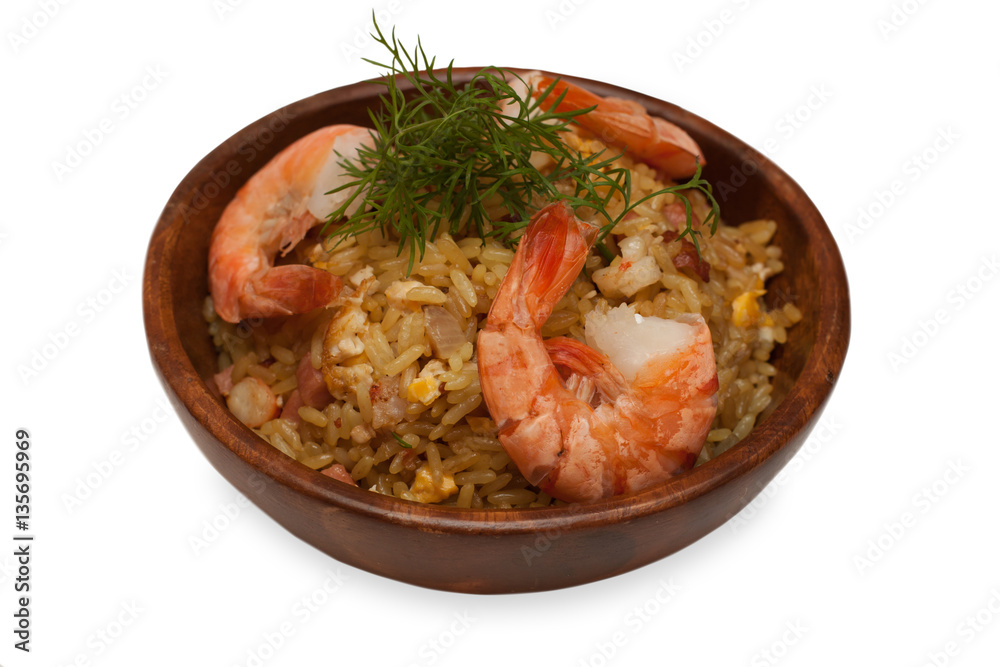 Fototapeta premium Shrimps with rice isolated on white background