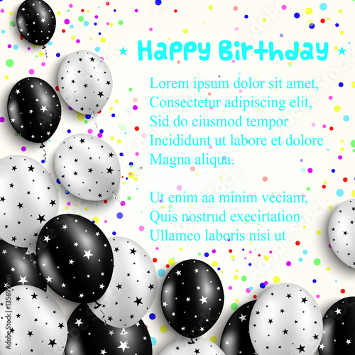 Birthday card with black and white balloons with stars on white