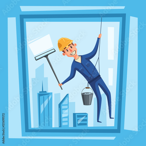 Profesional worker cleaning windows. Cartoon vector illustration