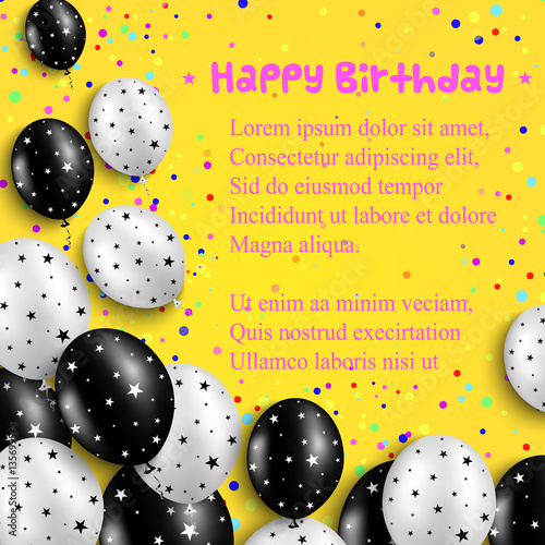 Birthday card with black and white balloons with stars on bright