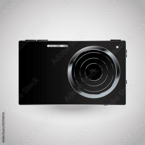 Black realistic camera on grey background. Isolated Illustration