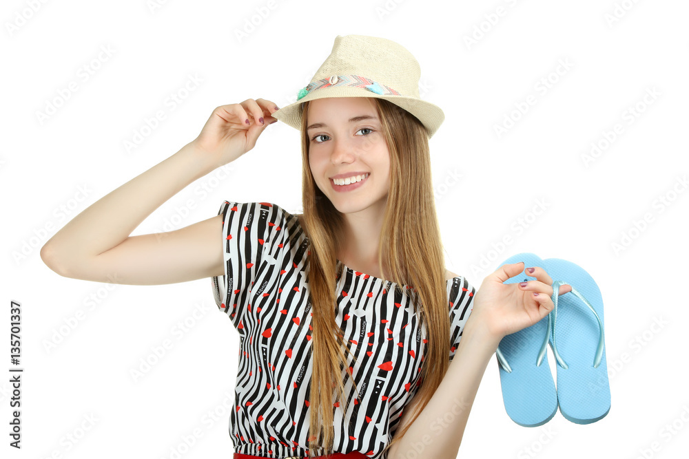 Girl in a hat and with a shales in his hands posing in studio isolated on white background. Girl in a hat and with a shales in his hands posing in studio isolated on white background.