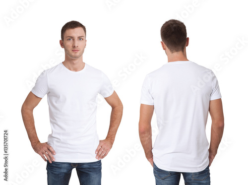 Shirt design and people concept - close up of young man in blank white t-shirt isolated.