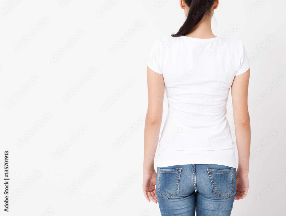 Obraz premium T-shirt design, people concept - closeup of young woman in blank white t-shirt, shirt, rear isolated. Mockup square.
