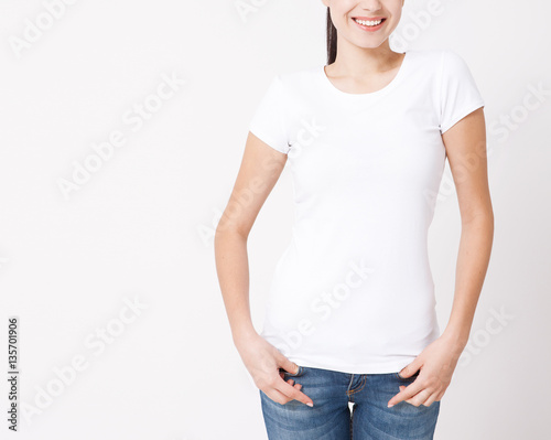 T-shirt design, people concept - closeup of young woman in blank white t-shirt, shirt, front isolated. Mockup square.