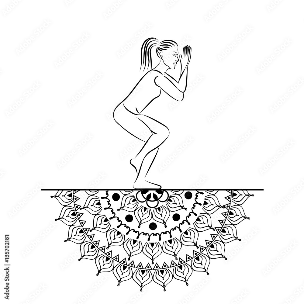 Fototapeta premium Yoga style mandala with woman line silhouette in yoga pose vector illustration.