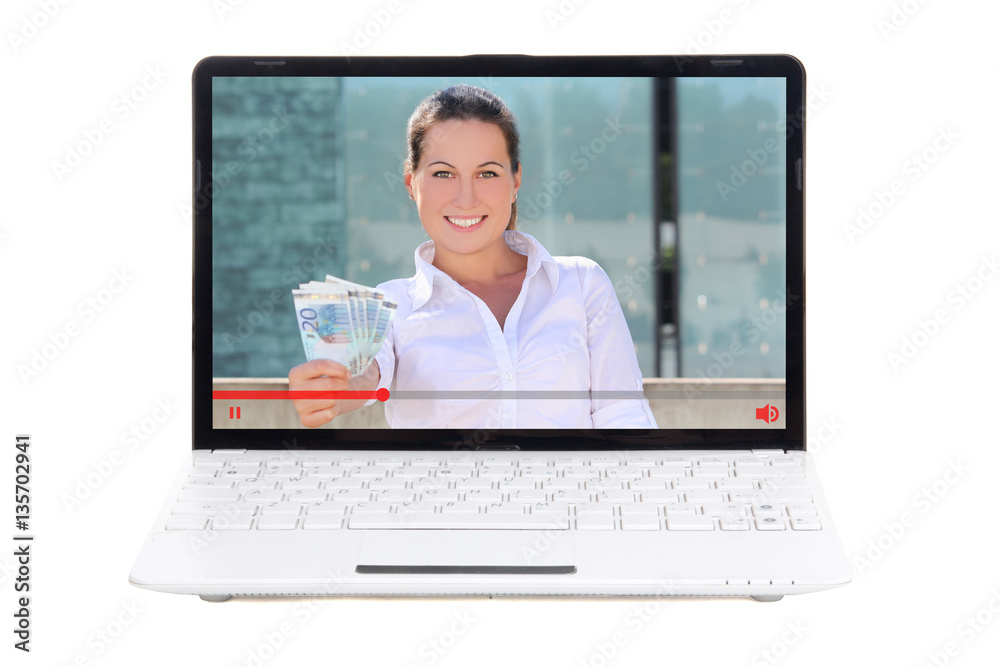 business, finance and video blog concept - laptop with woman hol business, finance and video blog concept - laptop with woman hol