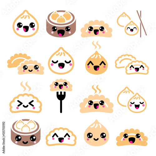 Kawaii Chinese dumplings, cute Asian food Dim Sum vector icons set 
 