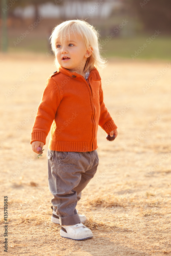 Fototapeta premium blonde caucasian boy smiles outdoor at park
