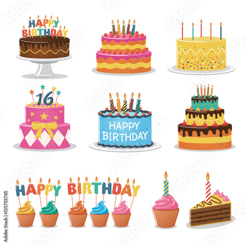 Set of Birthday Cakes. Birthday Party Elements.