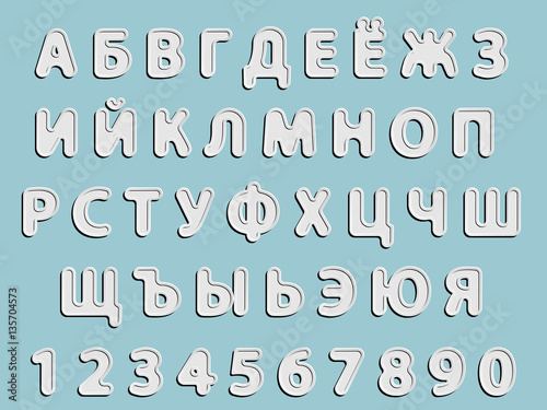 flat vector grey rounded Cyrillic font alphabet letters and numerals with black shadow and white glow