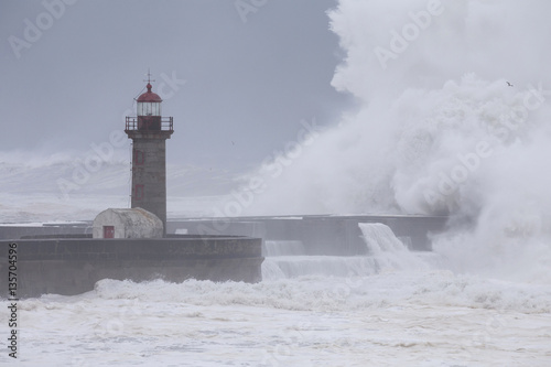10 Meters Big Wave Over the "Felgueiras" Lighthouse in Oporto, Portugal, Foggy Day