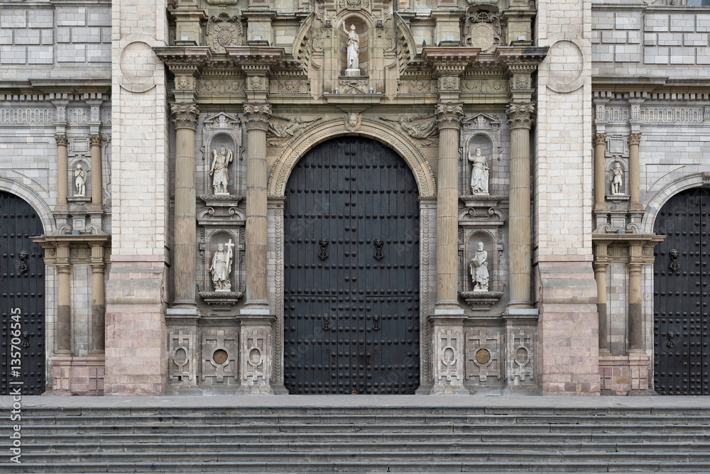 Facade of Lima Cathedral at Plaza de Armas in Limas Historical Center district