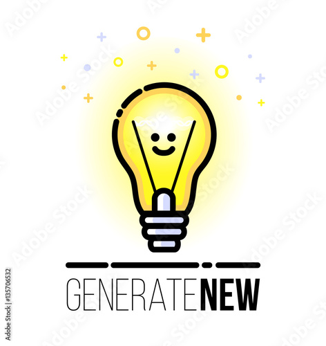 Light bulb character. Symbol of new idea. Vector motivation greeting card. Flat line style. Modern design.