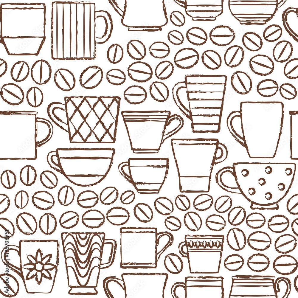 Hand drawn cups and mugs with coffee beans seamless pattern background 2 Hand drawn cups and mugs with coffee beans seamless pattern background 2