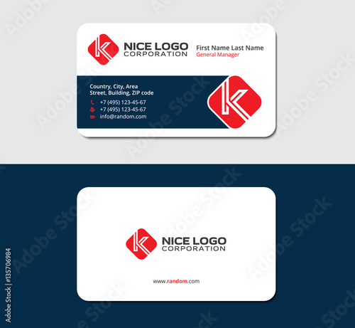business card with the letter K, red color, white backside