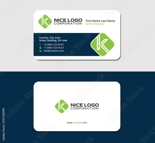 business card with the letter K, green color, white backside