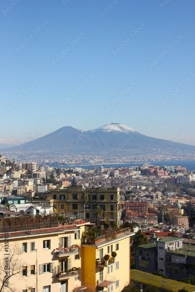 Vesuvius with snow and view of Napoli, Italy