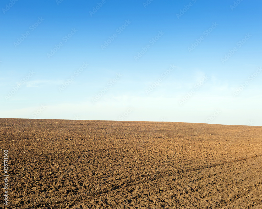 Plowed field for planting winter crops a clear autumn day.