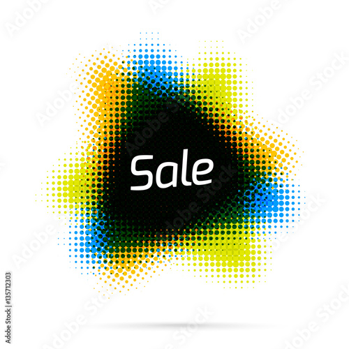 Abstract banner triangular shaped of a halftone dots on white background. Mixed colors. Multiply blend mode.