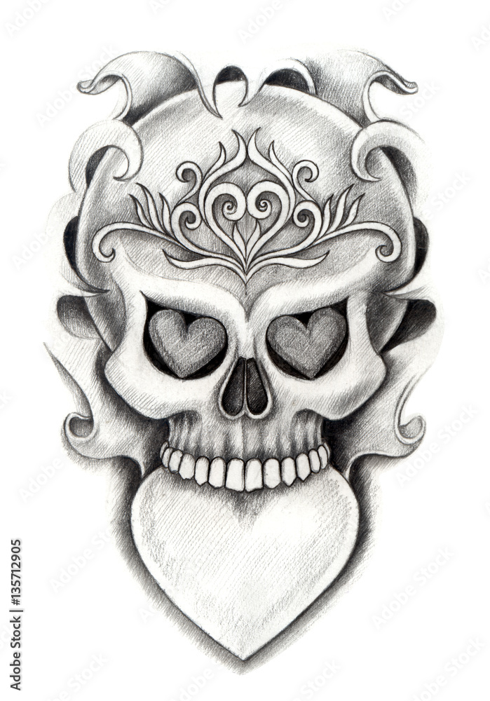 Skull heart tattoo. Art design skull mix heart and graphic for tattoo hand  pencil drawing on paper. Stock Illustration | Adobe Stock