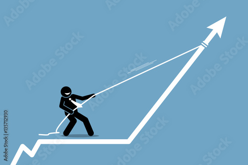 Businessman pulling arrow graph chart up with a rope. Vector artwork depicts gain, profit, boost, and reward. 