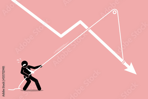 Businessman pulling a falling arrow graph chart from further dropping down. Vector artwork depicts economy crisis, downturn, financial pressure, and burden.