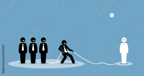 Businessman pulling connection and talent to join his company team. Vector artwork depicts headhunting, recruitment, talent search, picking partners, and joint venture.