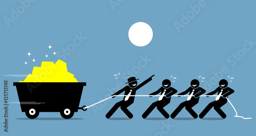Leader working together with employees and workers to work hard with encouragement and help. Vector artwork depicts leadership and motivation.