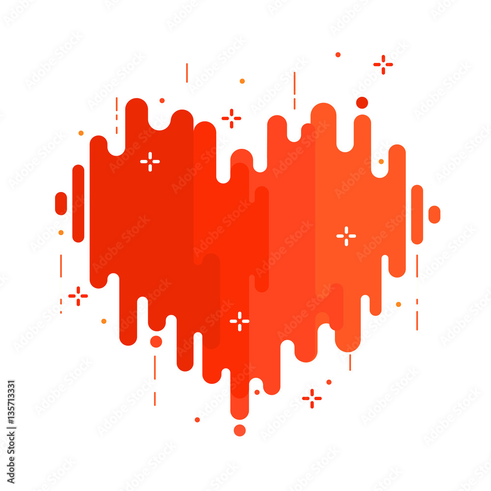 Heart dynamic wavy form with irregular parallel rounded lines and geometric small particle and dots. Isolated on white background. Flat / line style.
